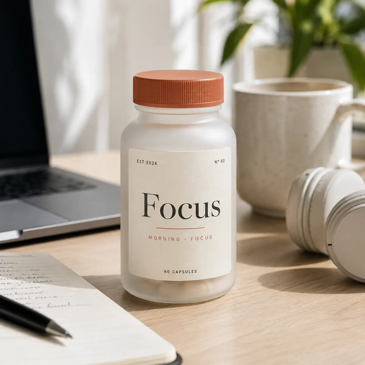 Onir Focus supplement bottle, The morning edge, without the crash.