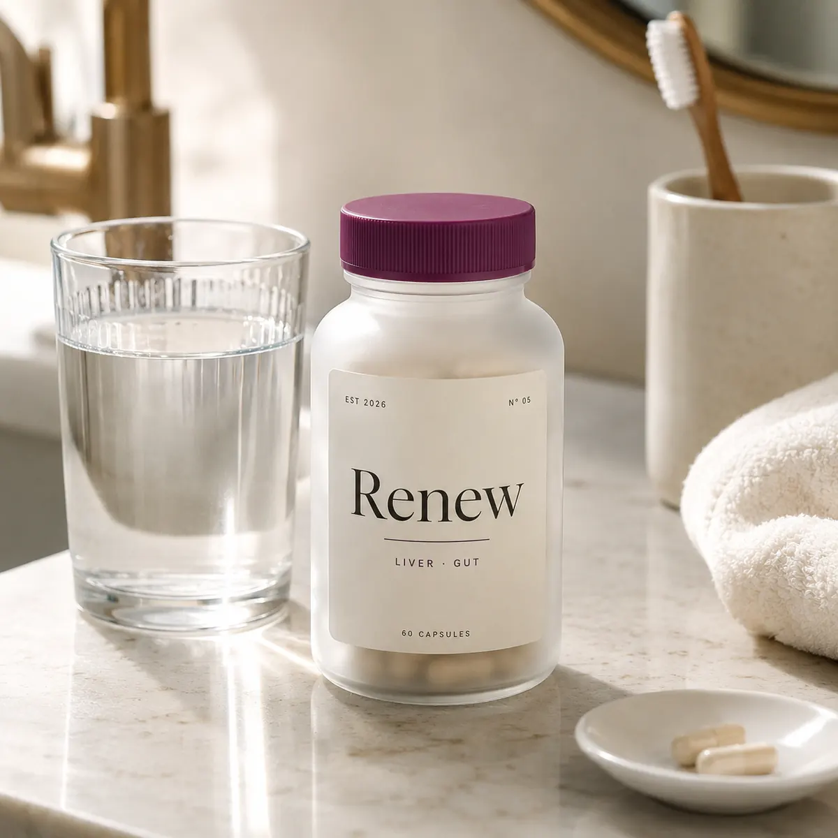 Onir Renew supplement bottle, For bodies that have been through it.