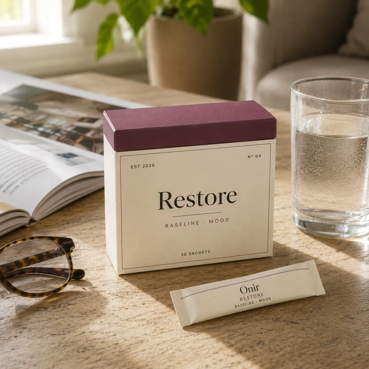 Onir Restore supplement bottle, For the morning after, handled.